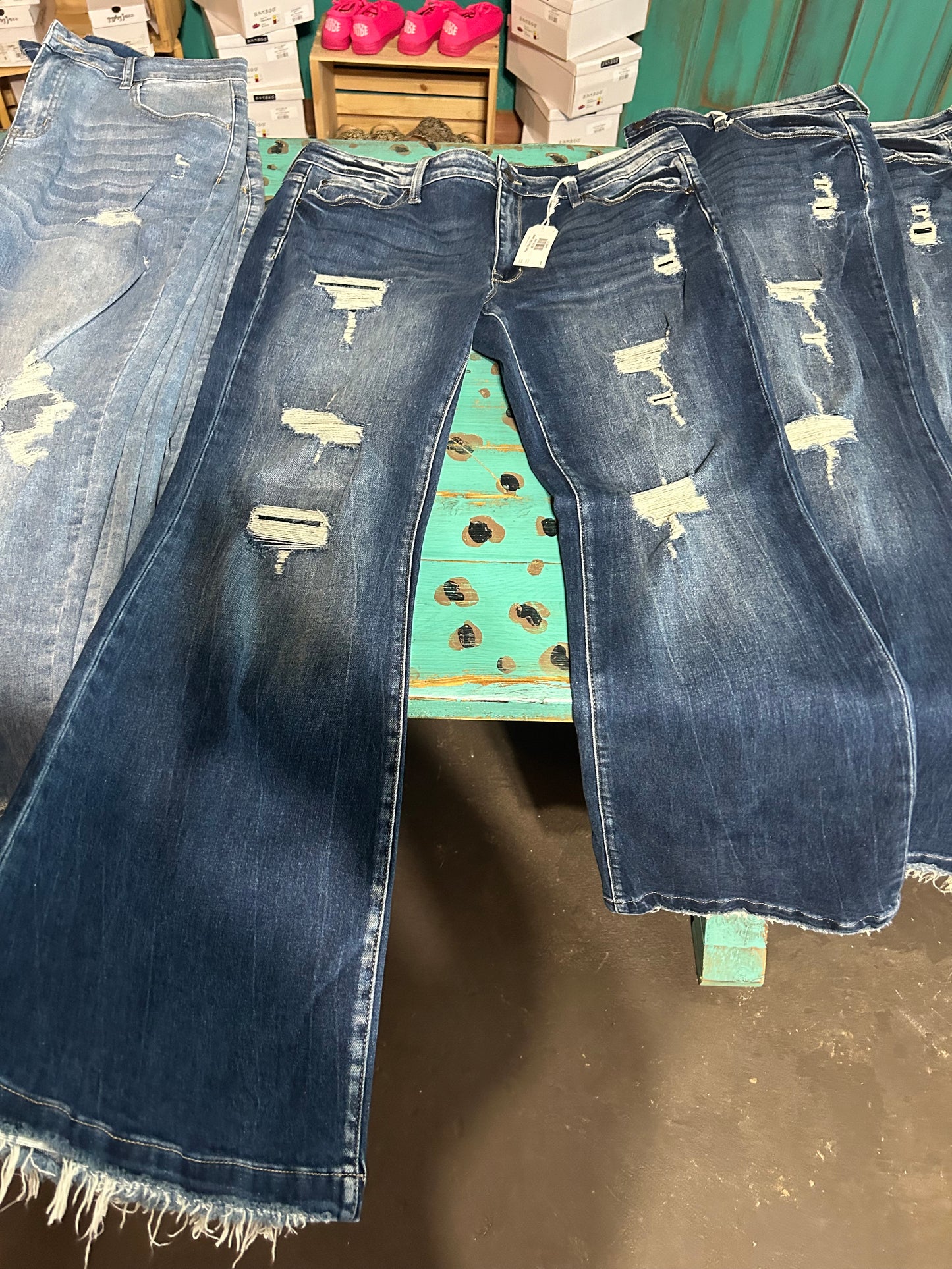 Distressed Plus Mid-Rise Flare Denim