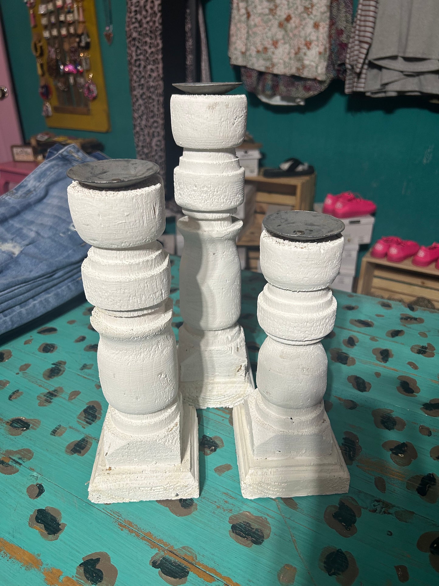 White Rustic Candle Holder Set