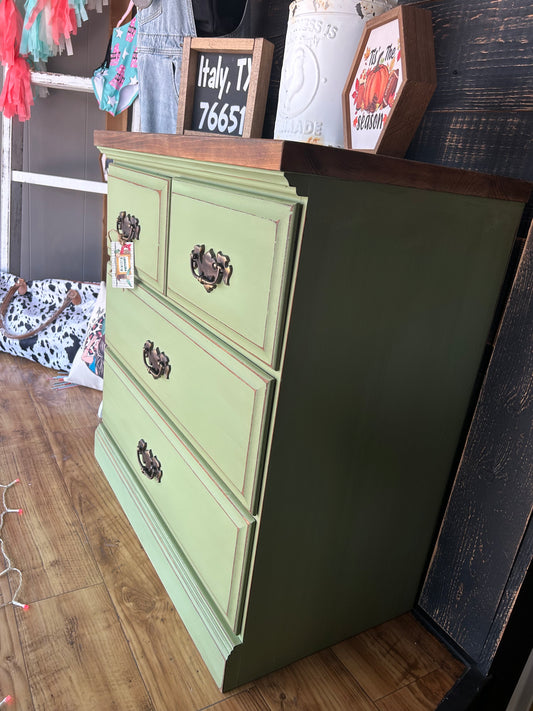 Distressed Avocado Dresser w Dark Walnut To