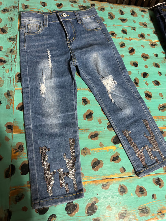Sequin Distressed Denim Pants