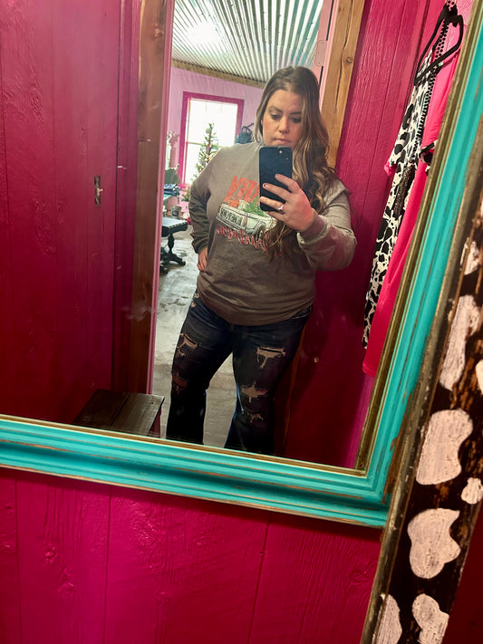 Distressed Plus Mid-Rise Flare Denim