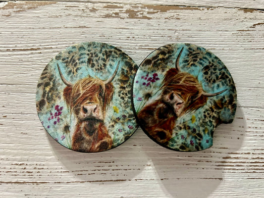 Highland Cow w Leopard Car Coaster Set