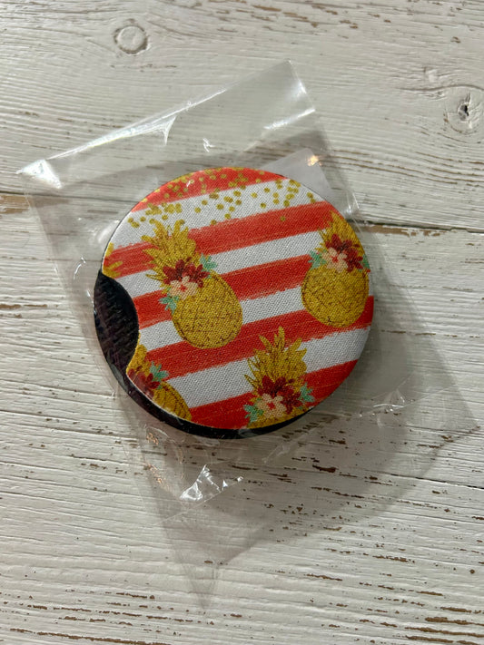 Pink Striped Pineapple Car Coaster Set