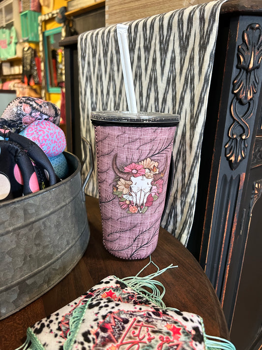 Pink Bull Skull w Flowers