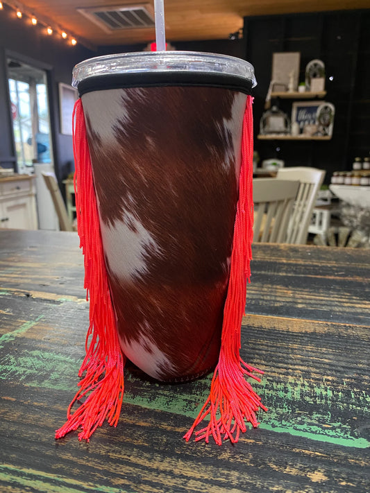 Cow print pink fringe Koozie