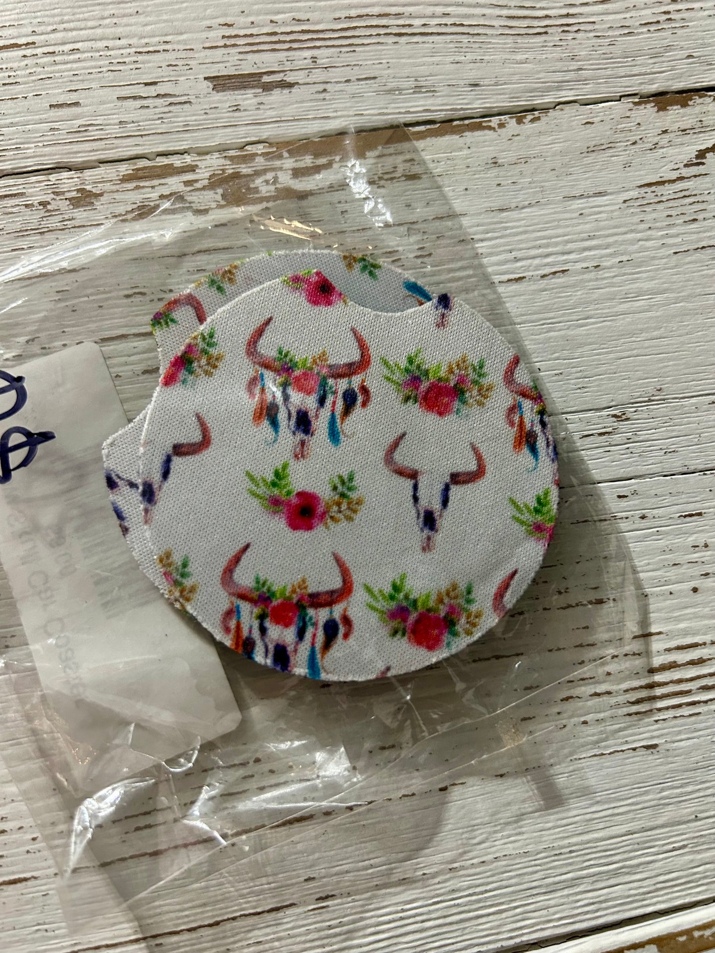 Cow Skull w Flowers Car Coaster Set