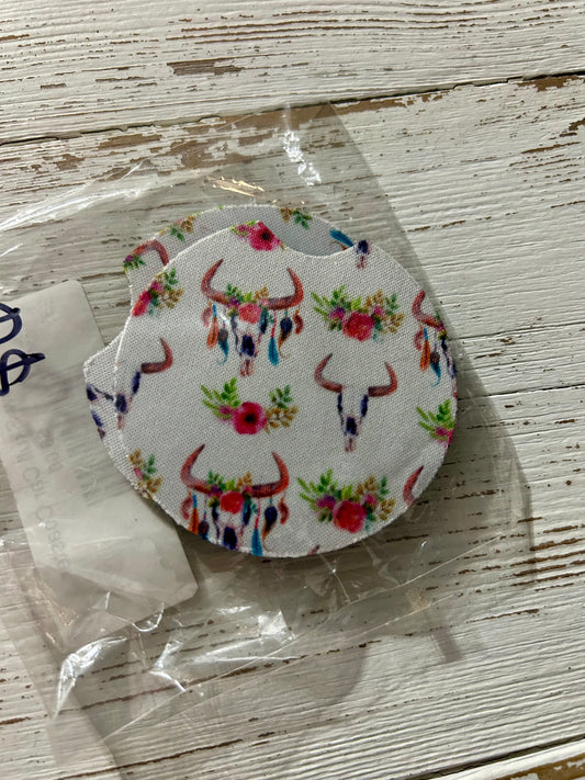 Cow Skull w Flowers Car Coaster Set