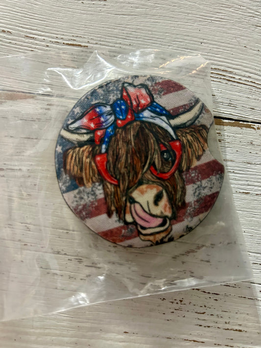 Patriotic Highland Cow Car Coaster Set