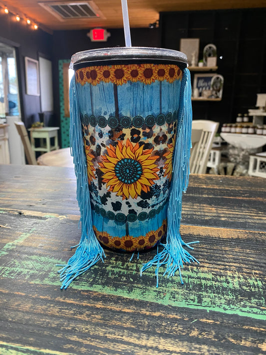 Leopard/sunflower blue fringe Tea Koozie