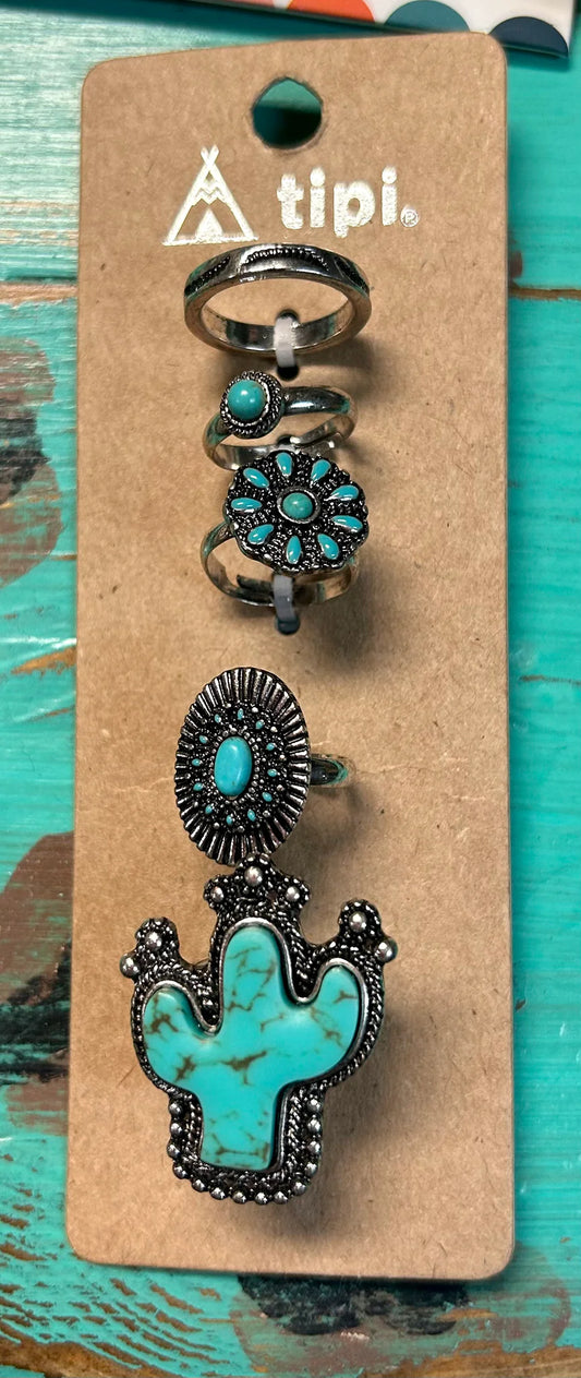 Western Cactus Turquoise Ring Set I